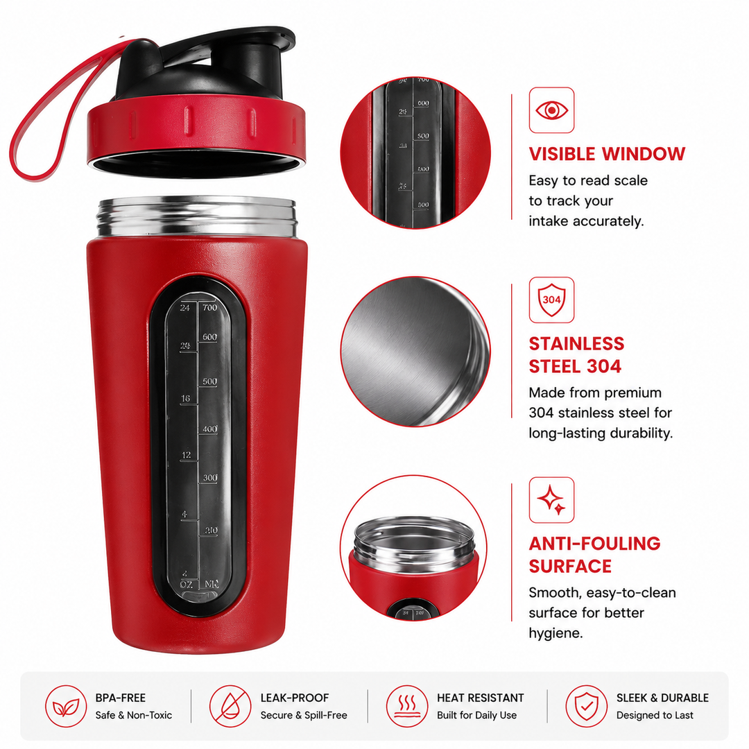Premium Stainless Steel Shaker Bottle 700ML Protein Mixer Leak Proof Gym Water Bottle with Scale Steel Ball for Smoothies Fitness Travel Outdoor Daily Use