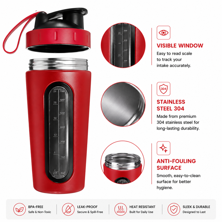 Premium Stainless Steel Shaker Bottle 700ML Protein Mixer Leak Proof Gym Water Bottle with Scale Steel Ball for Smoothies Fitness Travel Outdoor Daily Use
