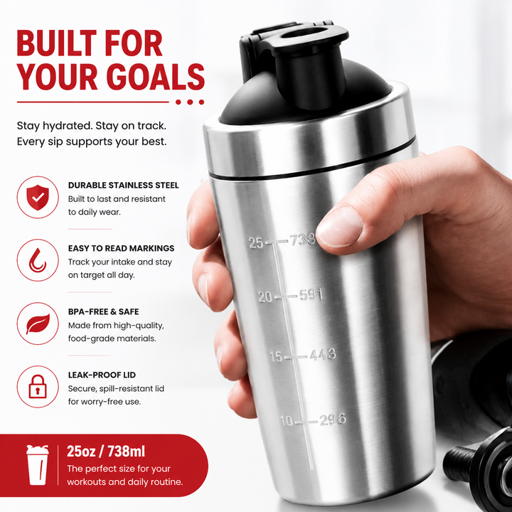 Premium Stainless Steel Shaker Bottle 700ML Protein Mixer Leak Proof Gym Water Bottle with Scale Steel Ball for Smoothies Fitness Travel Outdoor Daily Use