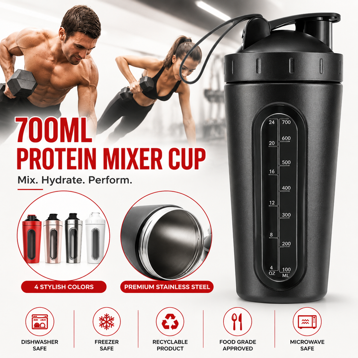 Premium Stainless Steel Shaker Bottle 700ML Protein Mixer Leak Proof Gym Water Bottle with Scale Steel Ball for Smoothies Fitness Travel Outdoor Daily Use