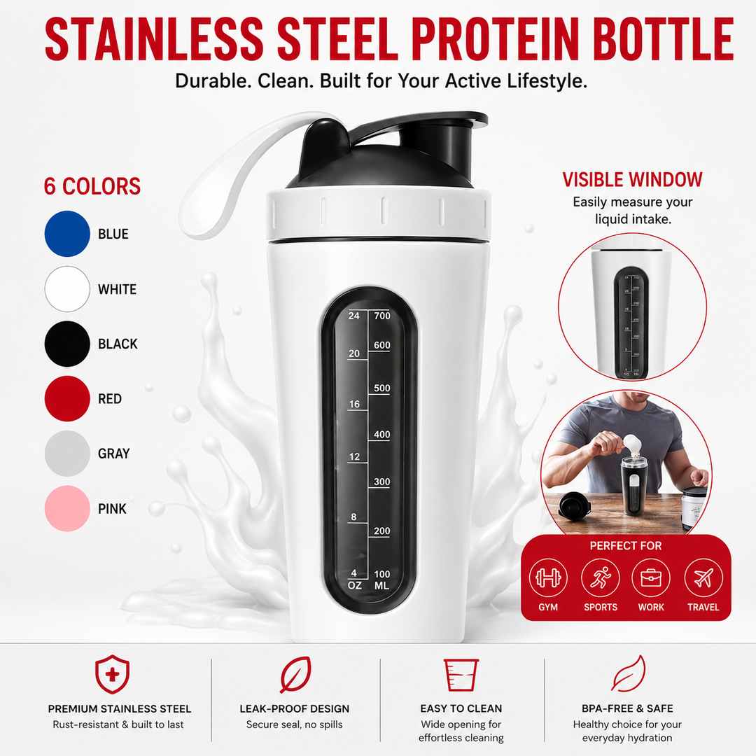 Premium Stainless Steel Shaker Bottle 700ML Protein Mixer Leak Proof Gym Water Bottle with Scale Steel Ball for Smoothies Fitness Travel Outdoor Daily Use