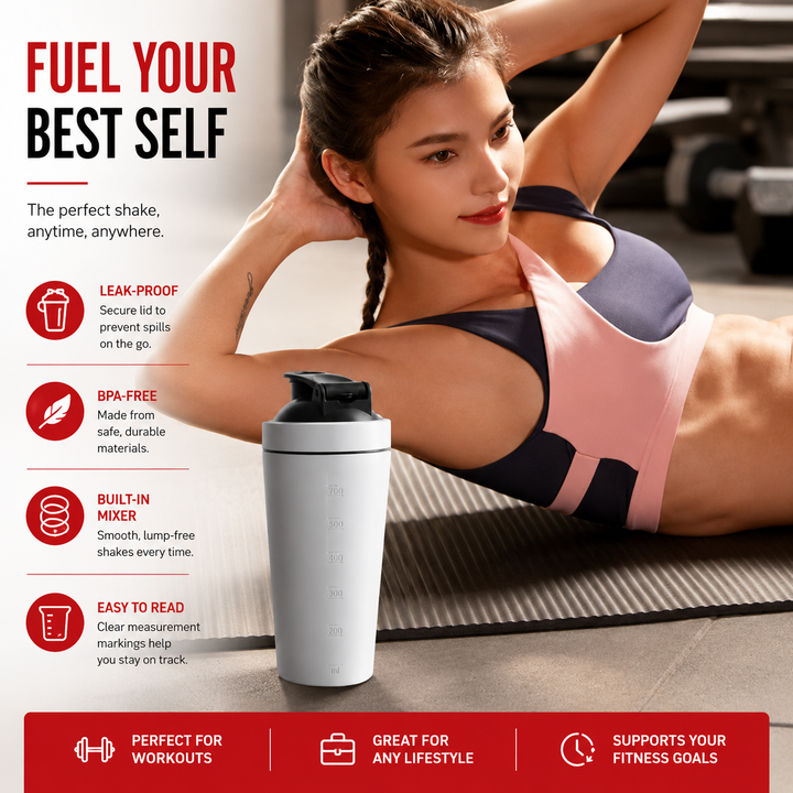 Premium Stainless Steel Shaker Bottle 700ML Protein Mixer Leak Proof Gym Water Bottle with Scale Steel Ball for Smoothies Fitness Travel Outdoor Daily Use