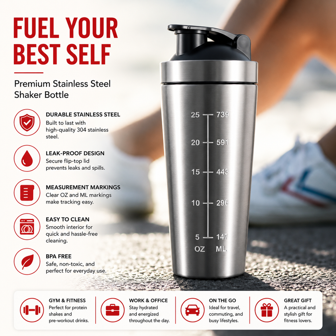 Premium Stainless Steel Shaker Bottle 700ML Protein Mixer Leak Proof Gym Water Bottle with Scale Steel Ball for Smoothies Fitness Travel Outdoor Daily Use