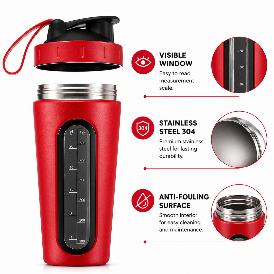 Premium Stainless Steel Sports Shaker Bottle 700ML Protein Mixer Leak Proof Gym Water Bottle with Scale for Protein Powder Smoothies Travel Use