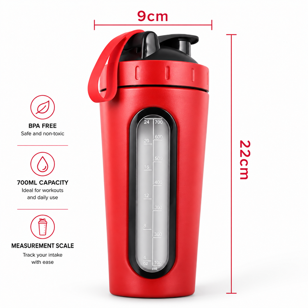 Premium Stainless Steel Sports Shaker Bottle 700ML Protein Mixer Leak Proof Gym Water Bottle with Scale for Protein Powder Smoothies Travel Use