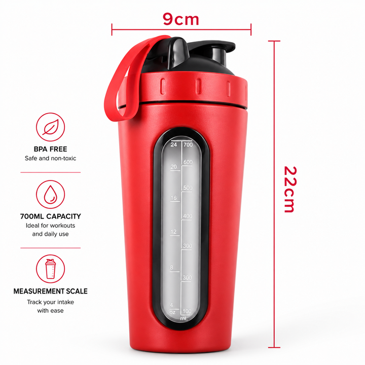 Premium Stainless Steel Sports Shaker Bottle 700ML Protein Mixer Leak Proof Gym Water Bottle with Scale for Protein Powder Smoothies Travel Use