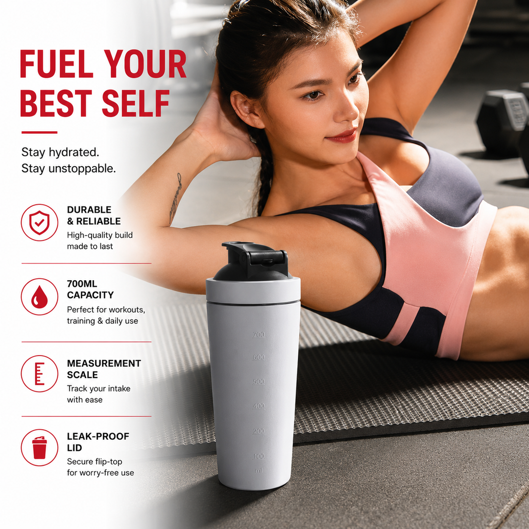 Premium Stainless Steel Sports Shaker Bottle 700ML Protein Mixer Leak Proof Gym Water Bottle with Scale for Protein Powder Smoothies Travel Use