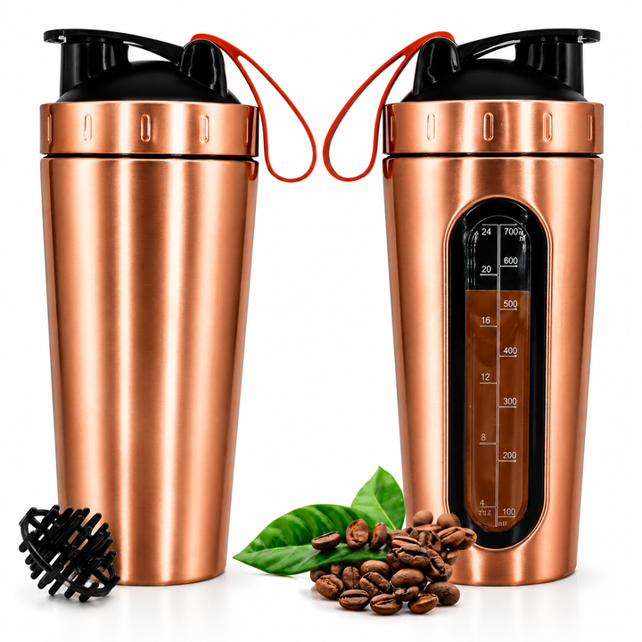 Premium Stainless Steel Sports Shaker Bottle 700ML Protein Mixer Leak Proof Gym Water Bottle with Scale for Protein Powder Smoothies Travel Use