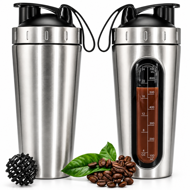 Premium Stainless Steel Sports Shaker Bottle 700ML Protein Mixer Leak Proof Gym Water Bottle with Scale for Protein Powder Smoothies Travel Use