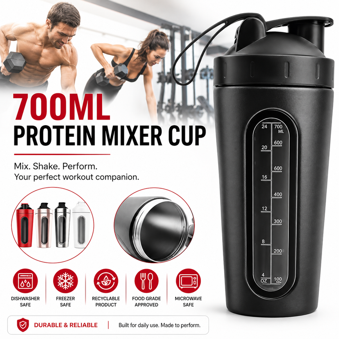 Premium Stainless Steel Sports Shaker Bottle 700ML Protein Mixer Leak Proof Gym Water Bottle with Scale for Protein Powder Smoothies Travel Use