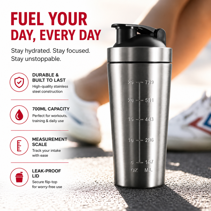 Premium Stainless Steel Sports Shaker Bottle 700ML Protein Mixer Leak Proof Gym Water Bottle with Scale for Protein Powder Smoothies Travel Use