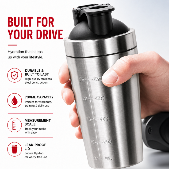 Premium Stainless Steel Sports Shaker Bottle 700ML Protein Mixer Leak Proof Gym Water Bottle with Scale for Protein Powder Smoothies Travel Use