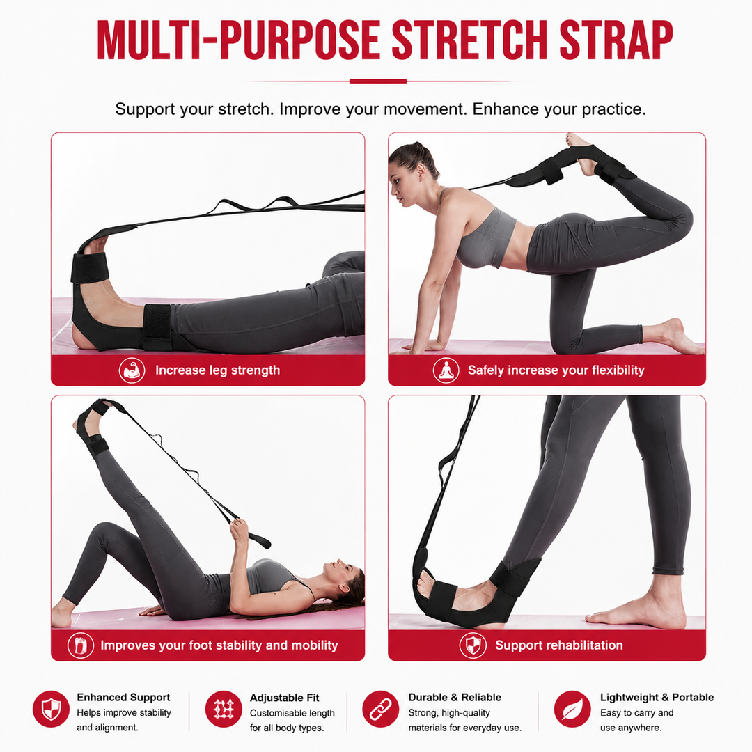 Premium Stretching Strap Yoga Band Adjustable Foot Stretch Strap Open Back Design Flexibility Trainer Legs Calves Yoga Pilates Home Gym Travel Fitness Tool