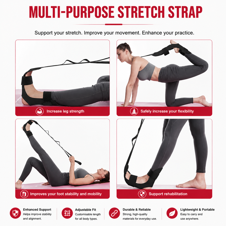 Premium Stretching Strap Yoga Band Adjustable Foot Stretch Strap Open Back Design Flexibility Trainer Legs Calves Yoga Pilates Home Gym Travel Fitness Tool