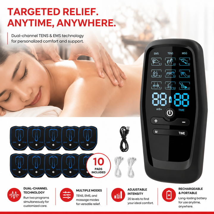 Premium TENS &amp; EMS Digital Therapy Machine Dual Nerve Muscle Stimulator 6 Modes 19 Intensity Levels USB Rechargeable Pain Relief Device for Back Neck Shoulder Muscle Recovery