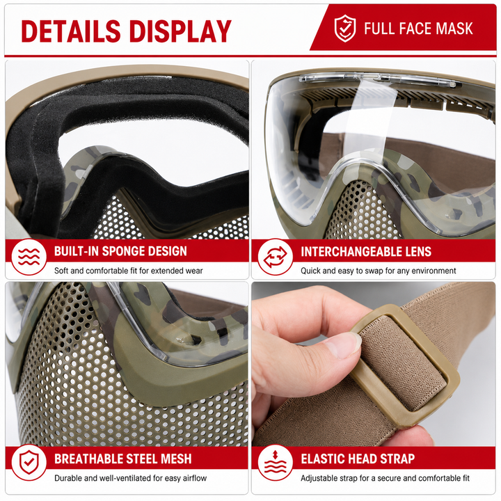 Premium Tactical Helmet Mask with Goggles FAST Rail Compatible Half Face Mask Breathable Lightweight Airsoft Paintball Hunting Protective Gear