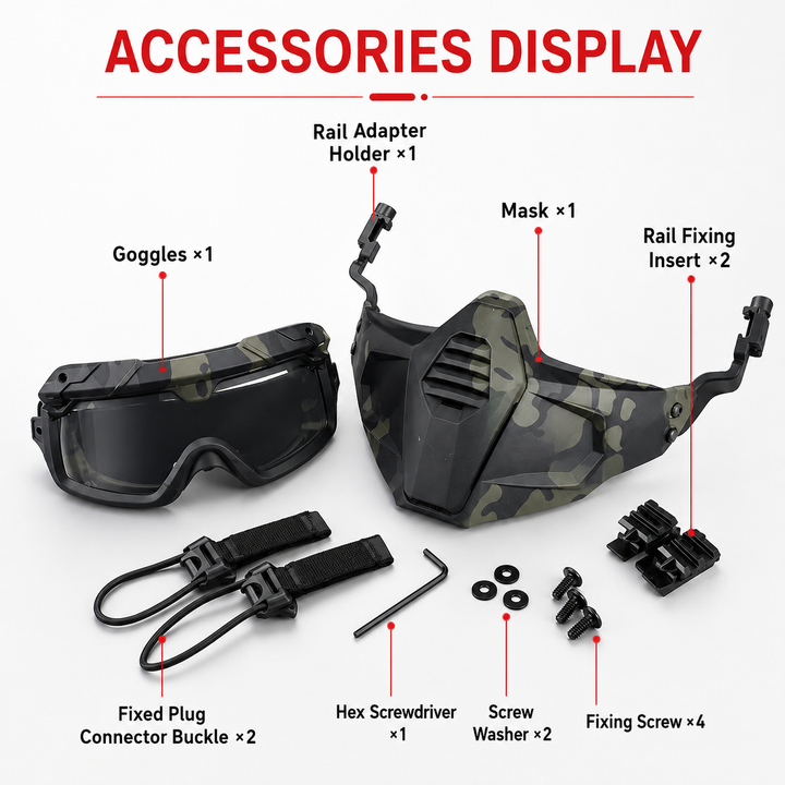 Premium Tactical Helmet Mask with Goggles FAST Rail Compatible Half Face Mask Breathable Lightweight Airsoft Paintball Hunting Protective Gear