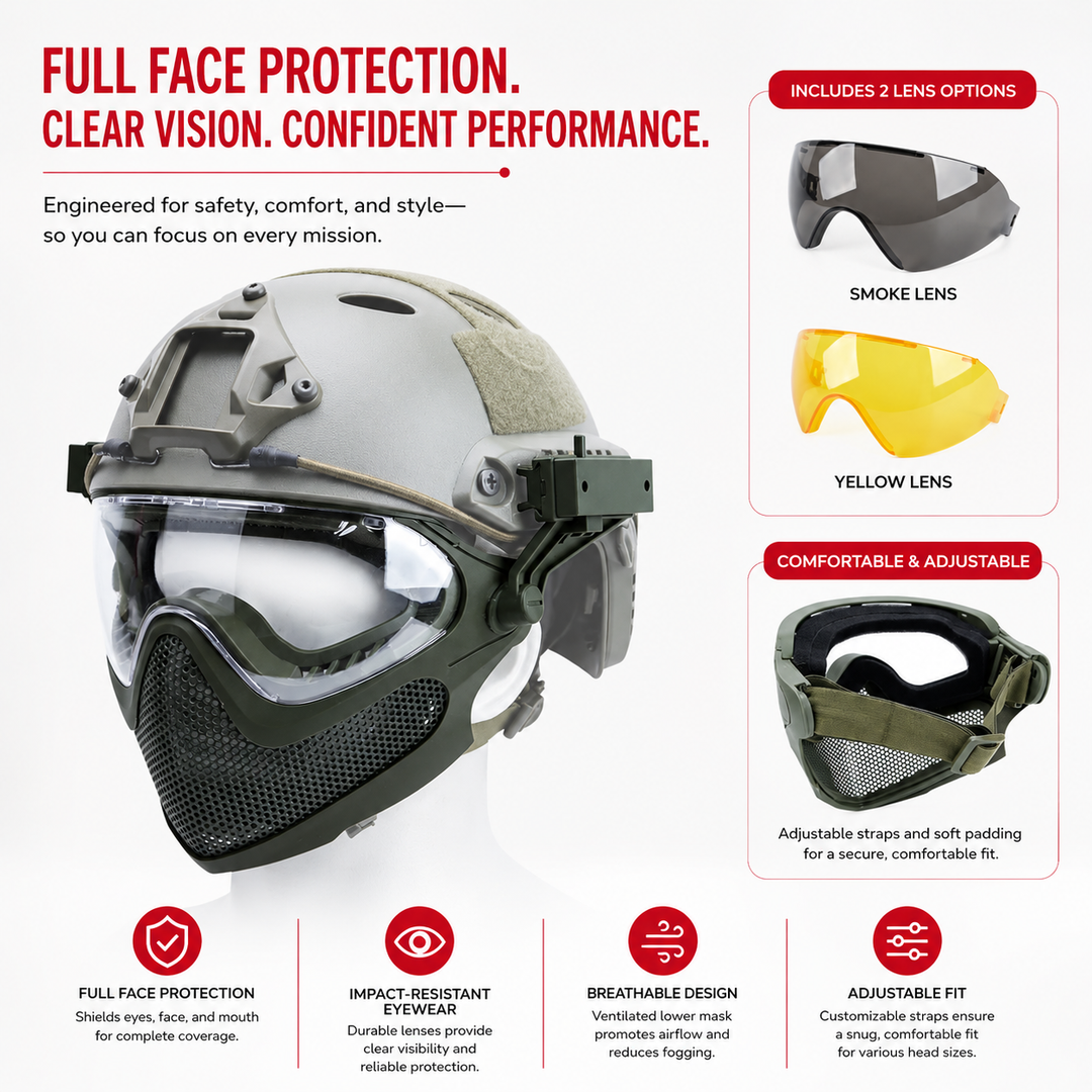 Premium Tactical Helmet Mask with Goggles FAST Rail Compatible Half Face Mask Breathable Lightweight Airsoft Paintball Hunting Protective Gear