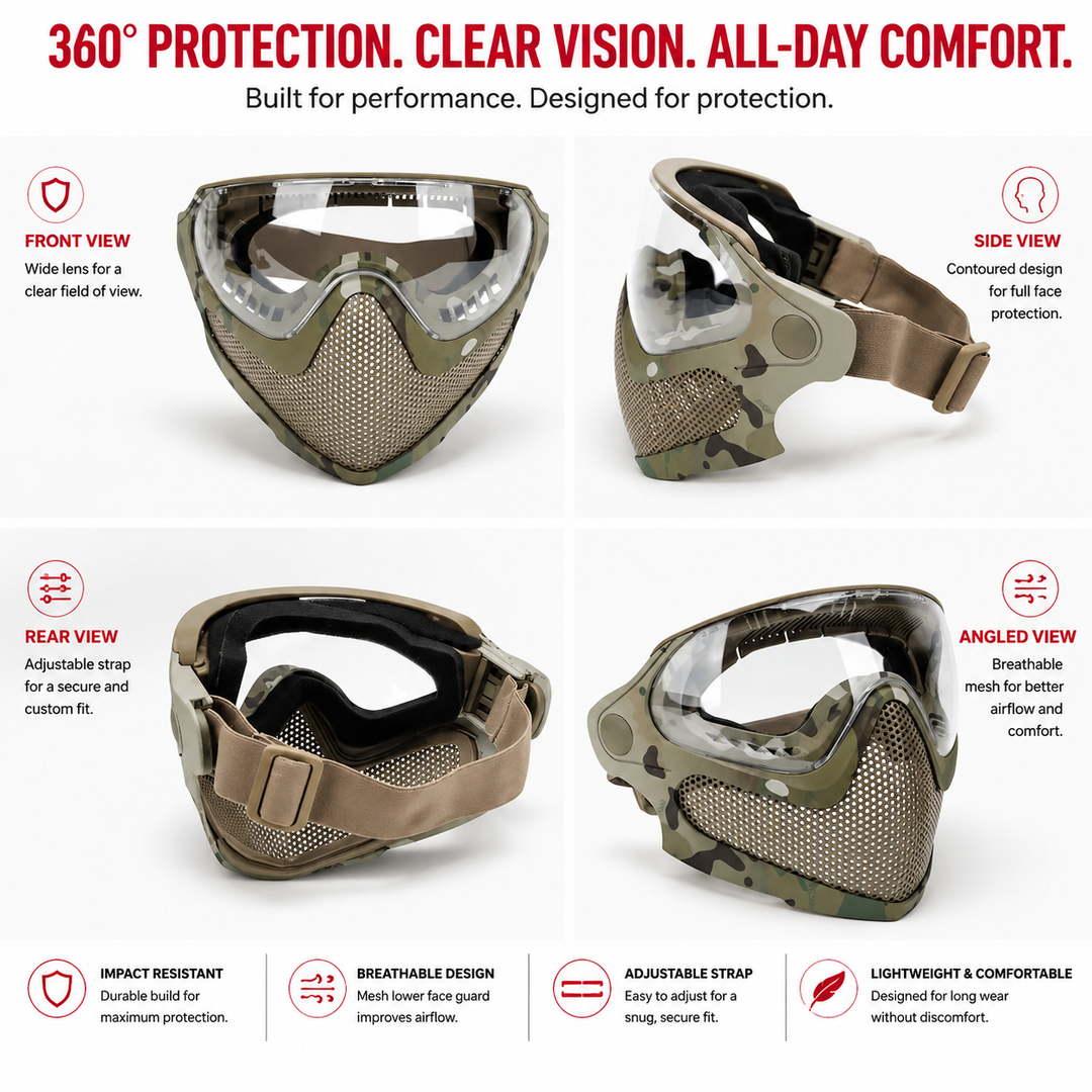 Premium Tactical Helmet Mask with Goggles FAST Rail Compatible Half Face Mask Breathable Lightweight Airsoft Paintball Hunting Protective Gear