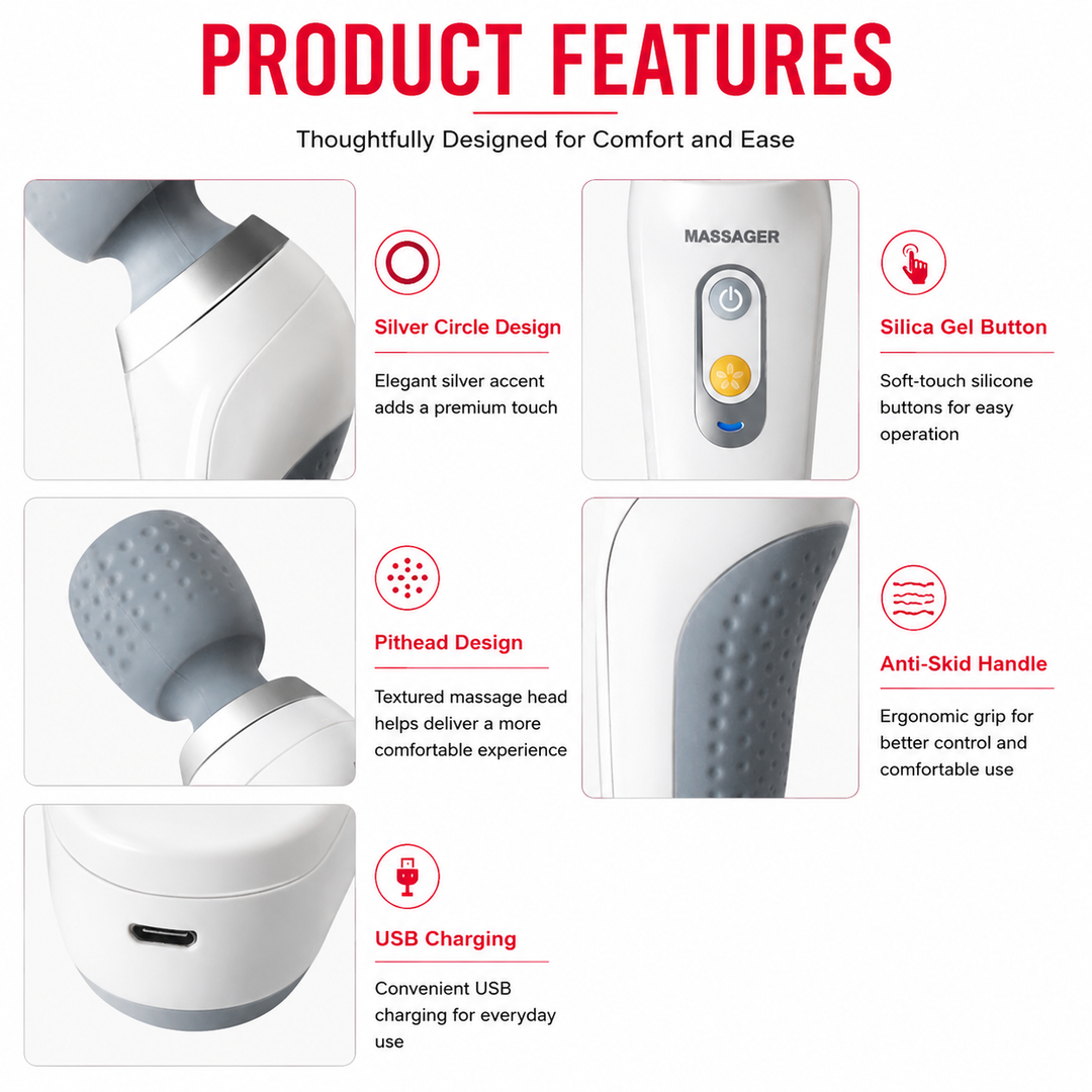 Premium USB Handheld Electric Massager Cordless Vibration Wand Deep Tissue Muscle Pain Relief Neck Back 5 Modes Portable Relaxation Device