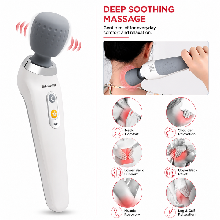 Premium USB Handheld Electric Massager High Frequency Vibration Wand Neck Back Muscle Relief Deep Tissue Massage Device 5 Modes Cordless Use