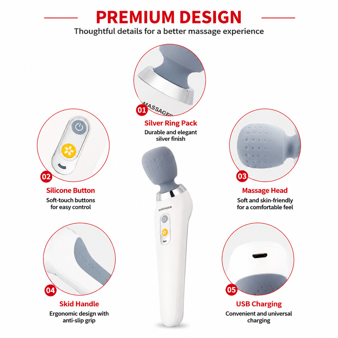 Premium USB Handheld Electric Massager High Frequency Vibration Wand Neck Back Muscle Relief Deep Tissue Massage Device 5 Modes Cordless Use