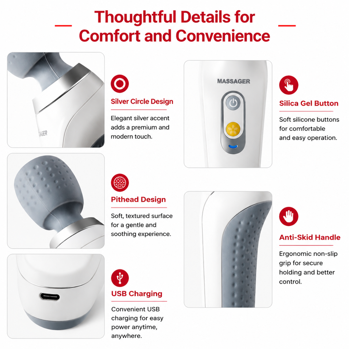 Premium USB Handheld Electric Massager High Frequency Vibration Wand Neck Back Muscle Relief Deep Tissue Massage Device 5 Modes Cordless Use
