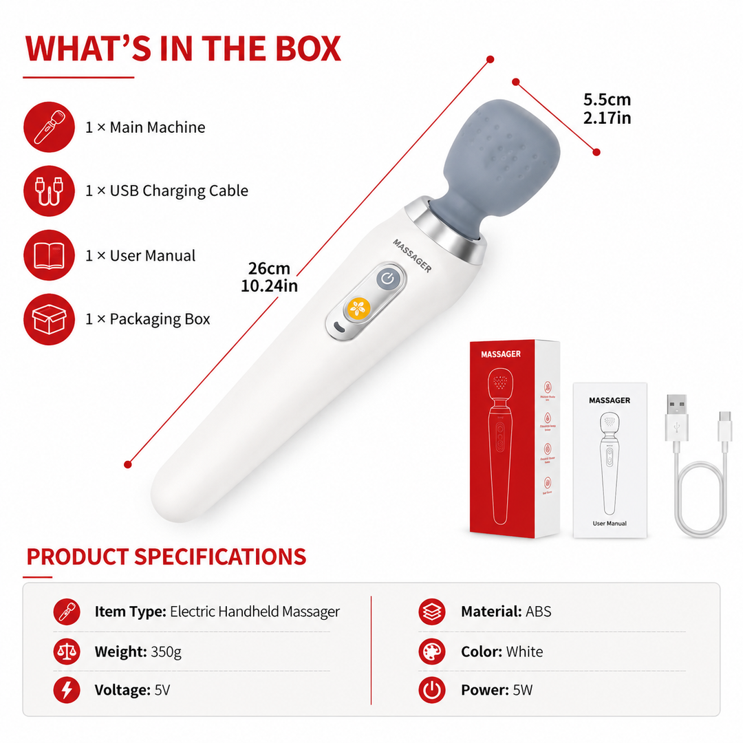 Premium USB Handheld Electric Massager High Frequency Vibration Wand Neck Back Muscle Relief Deep Tissue Massage Device 5 Modes Cordless Use