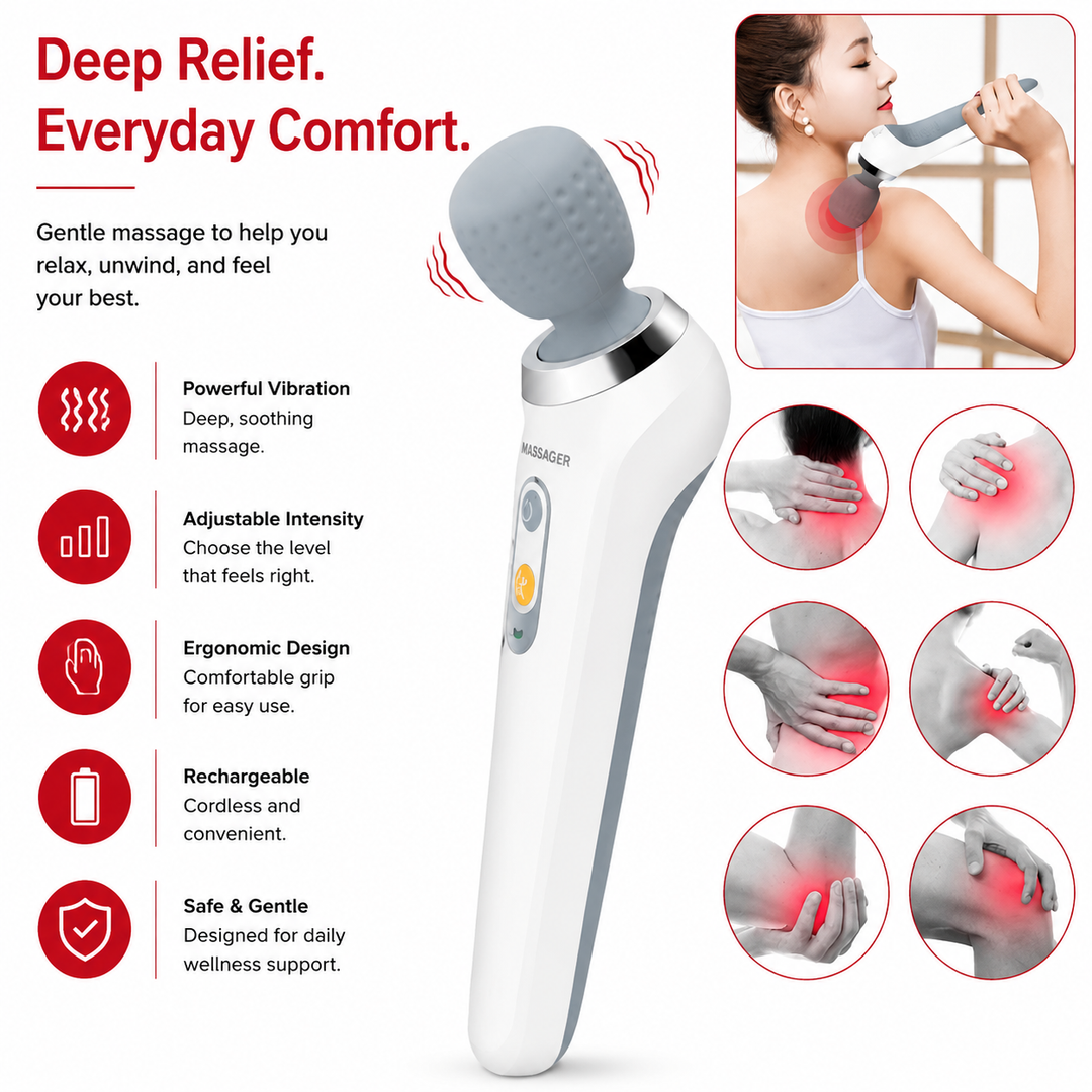Premium USB Handheld Electric Massager High Frequency Vibration Wand Neck Back Muscle Relief Deep Tissue Massage Device 5 Modes Cordless Use