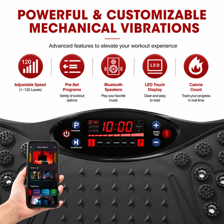 Premium Vibration Plate Exercise Machine Bluetooth Full Body Shaker Workout Platform Speed Programs Foot Massage Pedal Home Fitness Trainer