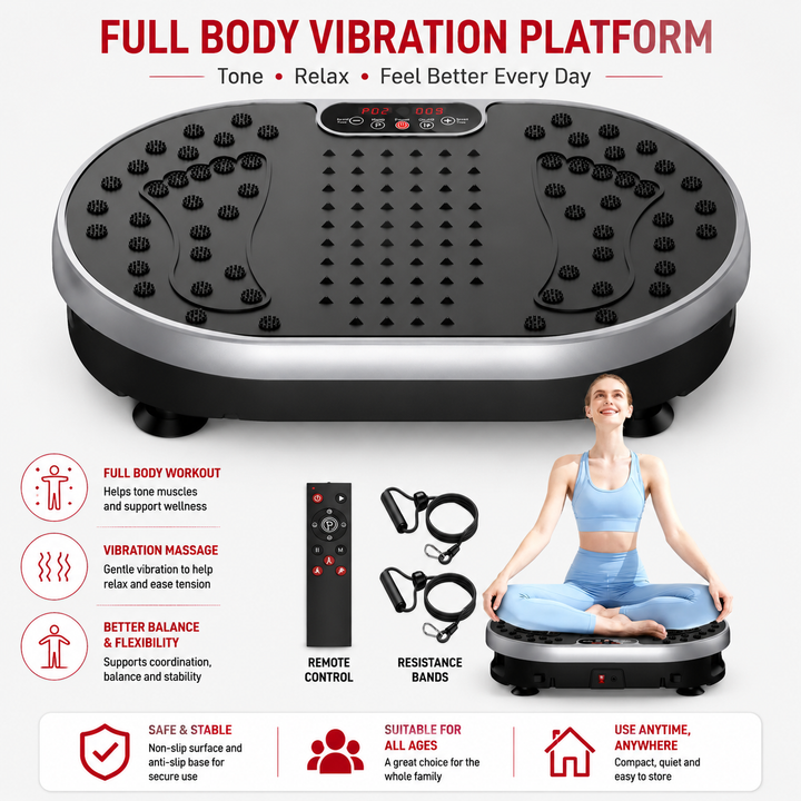 Premium Vibration Plate Exercise Machine Full Body Shaker 120 Speed Levels 9 Programs Remote Control 300 lb Capacity Home Fitness Platform