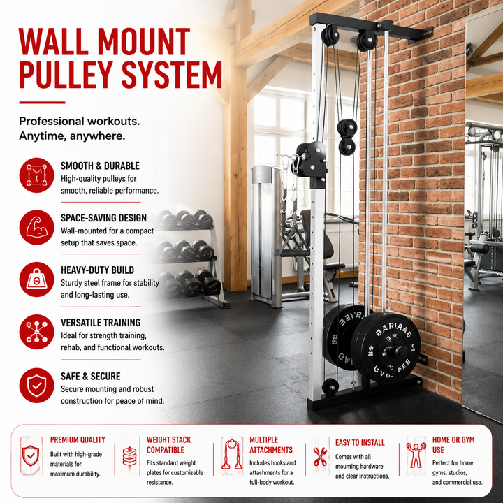 Premium Wall Mount Cable Station Dual Pulley LAT Pulldown Machine Cable Crossover System 18 Height Settings Home Gym Strength Training Equipment