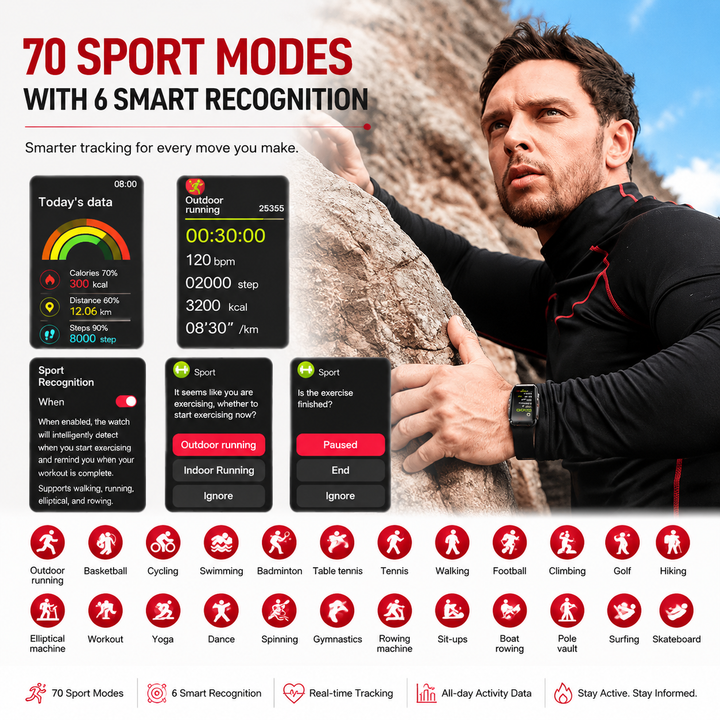 Premium Waterproof Smartwatch AMOLED Display Fitness Tracker 70 Sports Modes Heart Rate Sleep Monitor 10ATM IP69K Bluetooth Watch for Android iOS