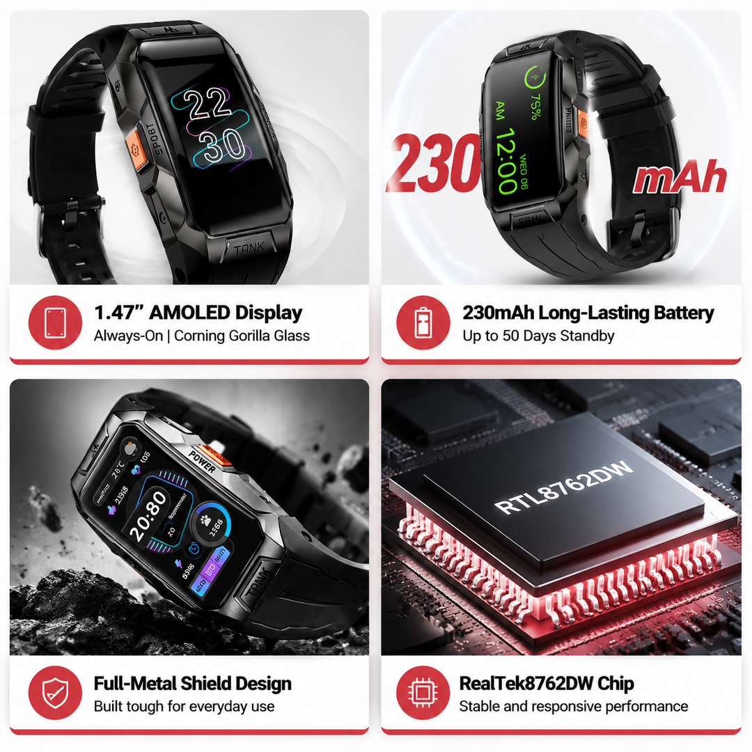 Premium Waterproof Smartwatch AMOLED Display Fitness Tracker 70 Sports Modes Heart Rate Sleep Monitor 10ATM IP69K Bluetooth Watch for Android iOS
