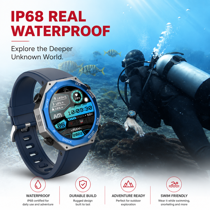 Premium Waterproof Smartwatch AMOLED Display Fitness Tracker 70 Sports Modes Heart Rate Sleep Monitor 10ATM IP69K Bluetooth Watch for Android iOS