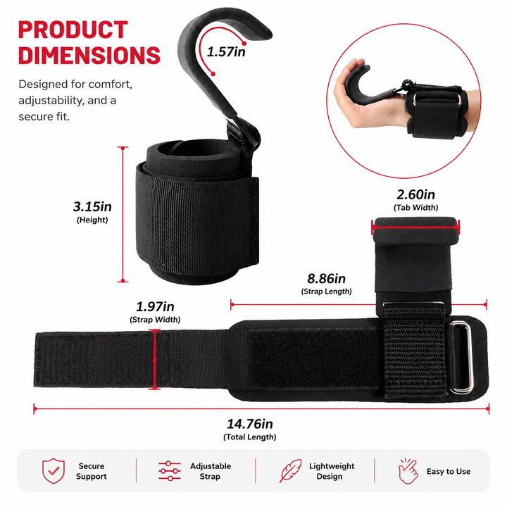 Premium Weight Lifting Hook Grips Wrist Straps Gym Powerlifting Pull Up Deadlift Hooks Heavy Duty Steel Grip Support Adjustable Wrist Wrap Fitness Training