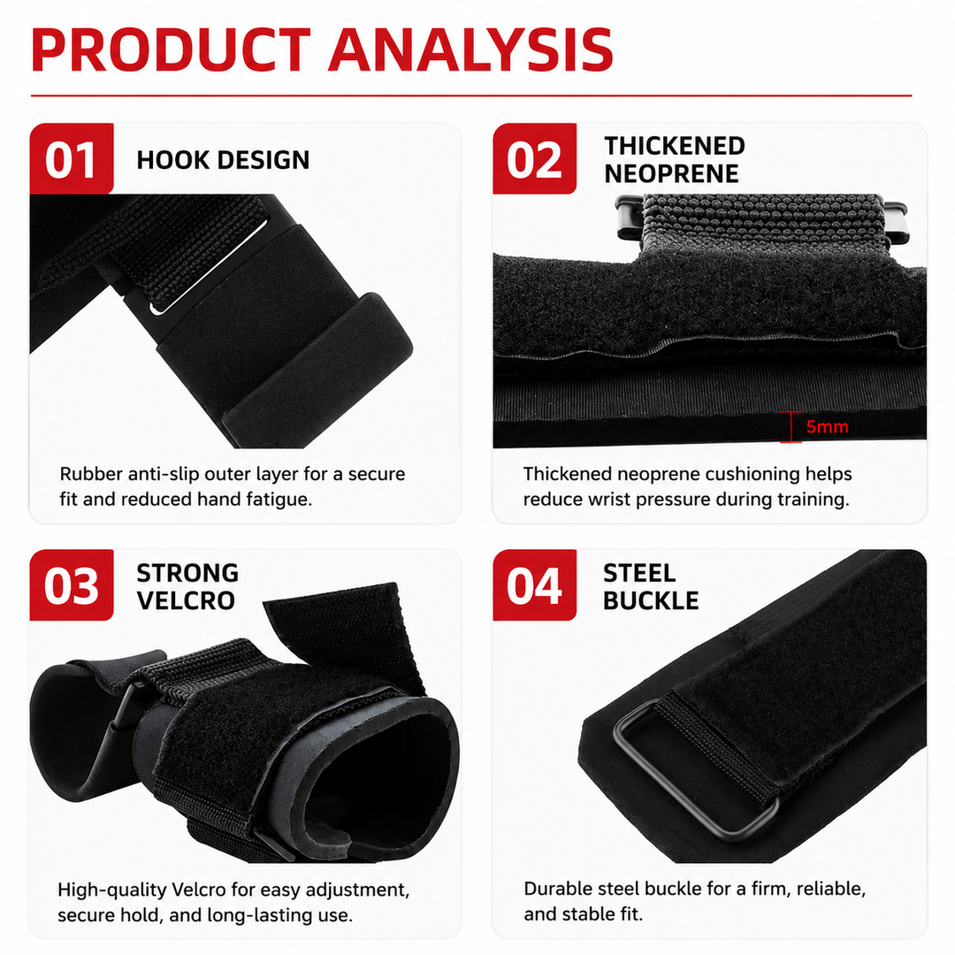 Premium Weight Lifting Hook Grips Wrist Straps Gym Powerlifting Pull Up Deadlift Hooks Heavy Duty Steel Grip Support Adjustable Wrist Wrap Fitness Training