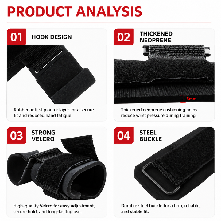 Premium Weight Lifting Hook Grips Wrist Straps Gym Powerlifting Pull Up Deadlift Hooks Heavy Duty Steel Grip Support Adjustable Wrist Wrap Fitness Training