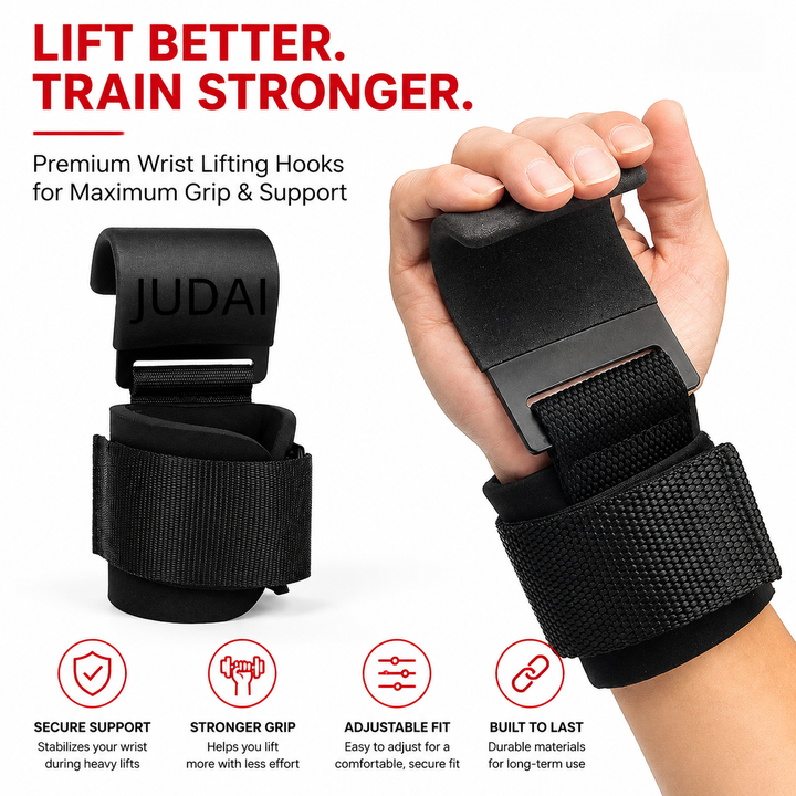 Premium Weight Lifting Hook Grips Wrist Straps Gym Powerlifting Pull Up Deadlift Hooks Heavy Duty Steel Grip Support Adjustable Wrist Wrap Fitness Training