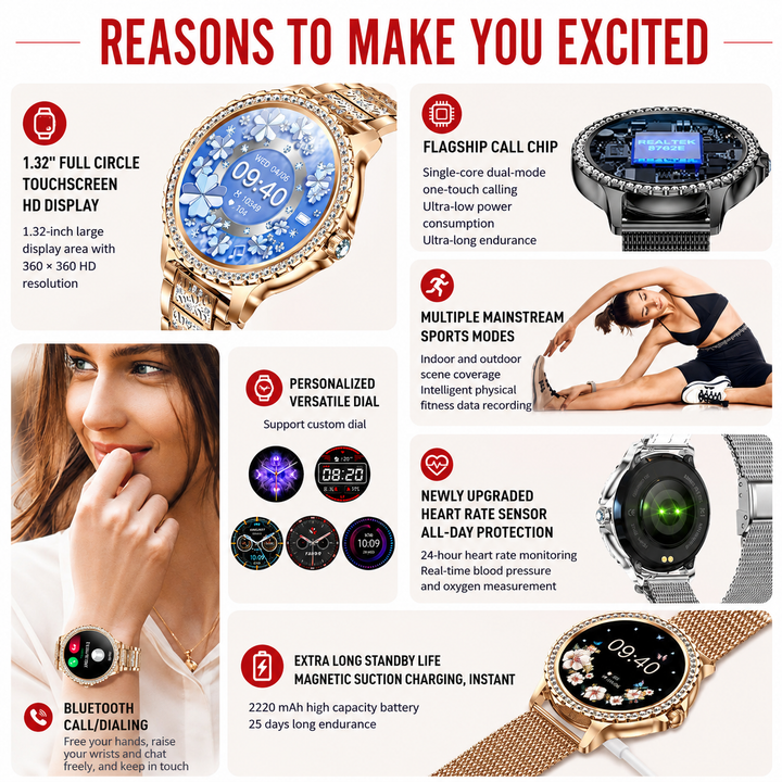Premium Women Smartwatch Bluetooth Calling 1.32 Inch HD 360x360 IP67 Fitness Tracker Heart Rate Sleep Activity Tracker for iOS Android Daily Use