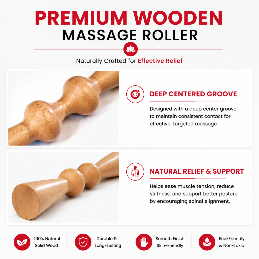 Premium Wood Back Roller Muscle Recovery Spine Alignment Deep Tissue Massage Tool Back Waist Neck Shoulder Calf Pain Relief Manual Massage Roller Rubber Wood