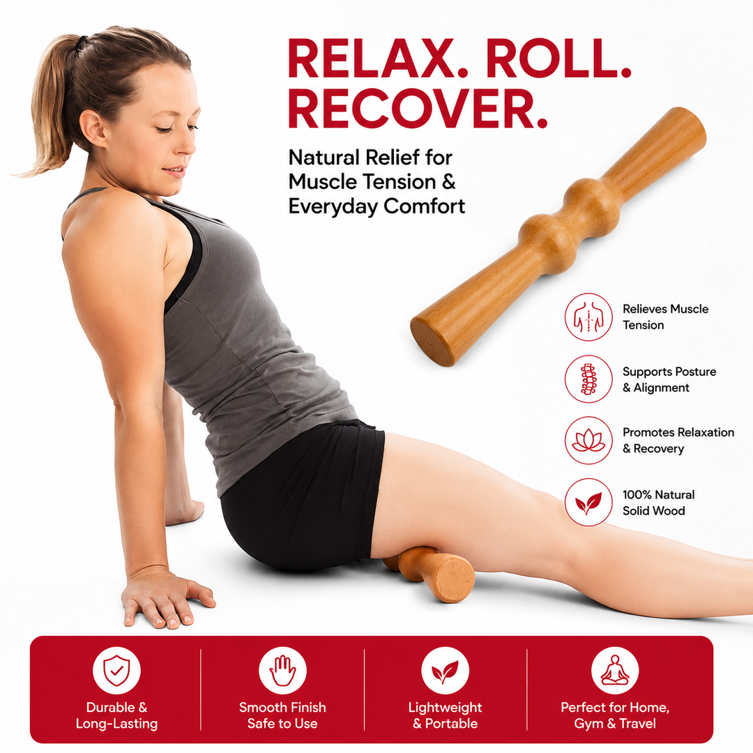 Premium Wood Back Roller Muscle Recovery Spine Alignment Deep Tissue Massage Tool Back Waist Neck Shoulder Calf Pain Relief Manual Massage Roller Rubber Wood