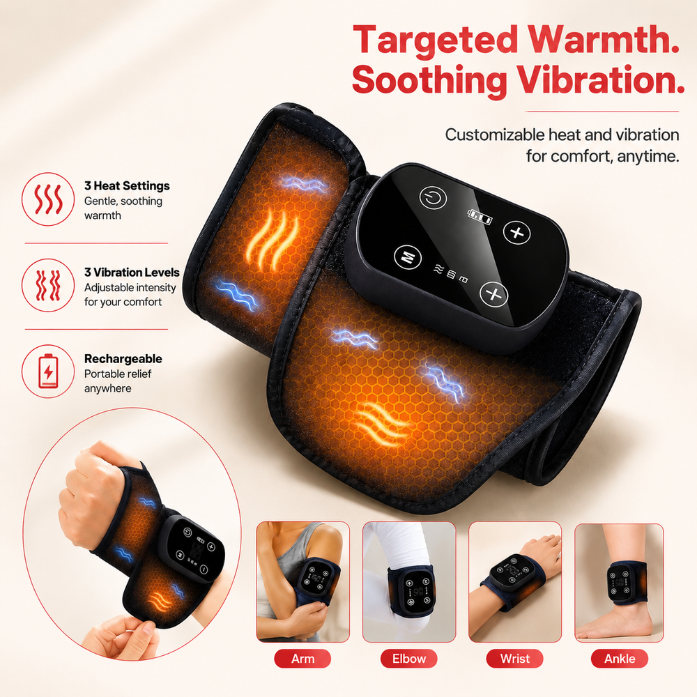 Premium Wrist Massager with Heat Cordless Heated Wrist Brace Vibration 5 Heat Levels Adjustable Fit Rechargeable Pain Relief Wrist Support Device