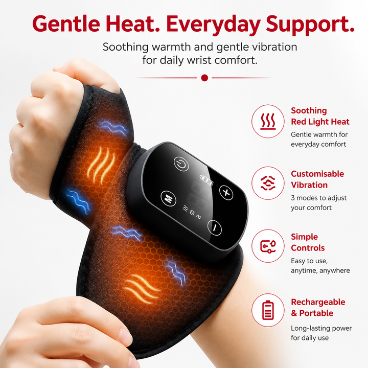 Premium Wrist Massager with Heat Cordless Heated Wrist Brace Vibration 5 Heat Levels Adjustable Fit Rechargeable Pain Relief Wrist Support Device