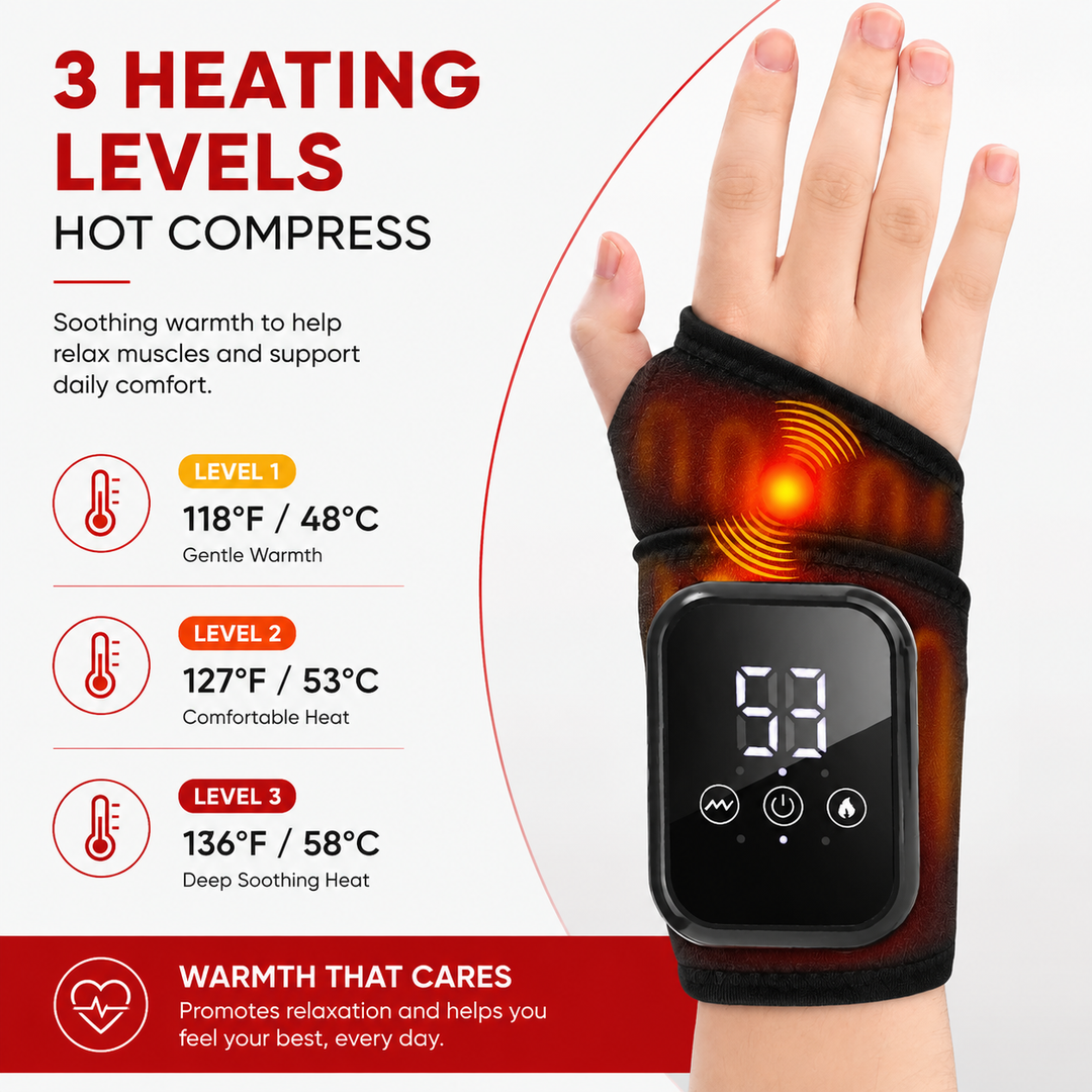 Premium Wrist Massager with Heat Electric Heated Wrist Brace Vibration Therapy Adjustable Strap Auto Timer Wrist Pain Relief Support Device