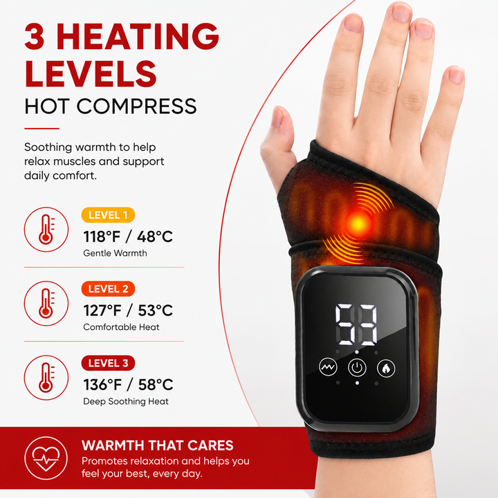 Premium Wrist Massager with Heat Electric Heated Wrist Brace Vibration Therapy Adjustable Strap Auto Timer Wrist Pain Relief Support Device