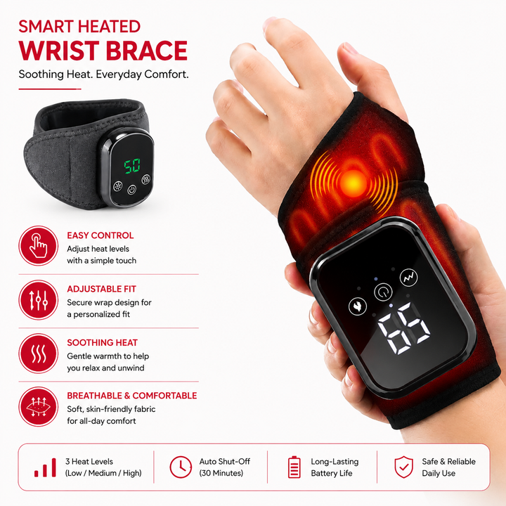 Premium Wrist Massager with Heat Electric Heated Wrist Brace Vibration Therapy Adjustable Strap Auto Timer Wrist Pain Relief Support Device