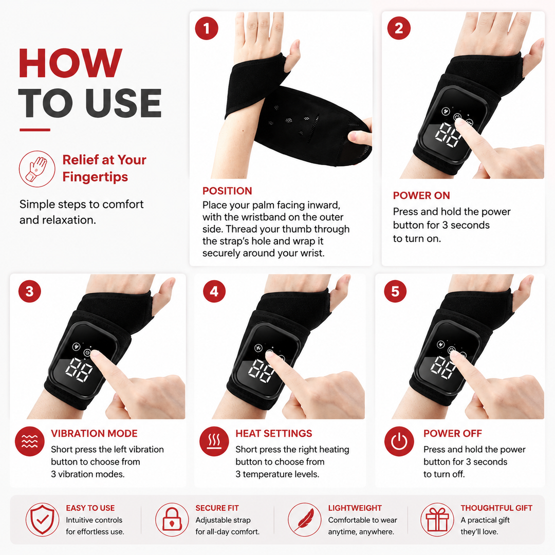 Premium Wrist Massager with Heat Electric Heated Wrist Brace Vibration Therapy Adjustable Strap Auto Timer Wrist Pain Relief Support Device