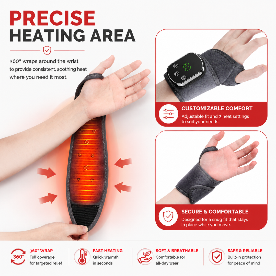 Premium Wrist Massager with Heat Electric Heated Wrist Brace Vibration Therapy Adjustable Strap Auto Timer Wrist Pain Relief Support Device