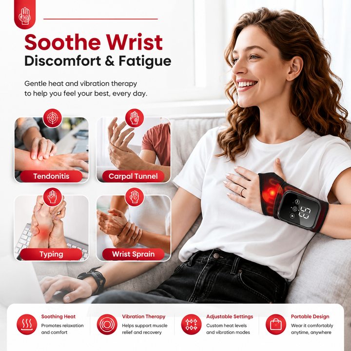 Premium Wrist Massager with Heat Electric Heated Wrist Brace Vibration Therapy Adjustable Strap Auto Timer Wrist Pain Relief Support Device